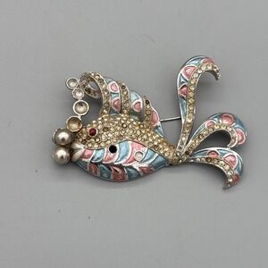 Fish Blowing Bubbles Vintage Brooch Pin Enamel Rhinestone Faux Pearl Metal READ